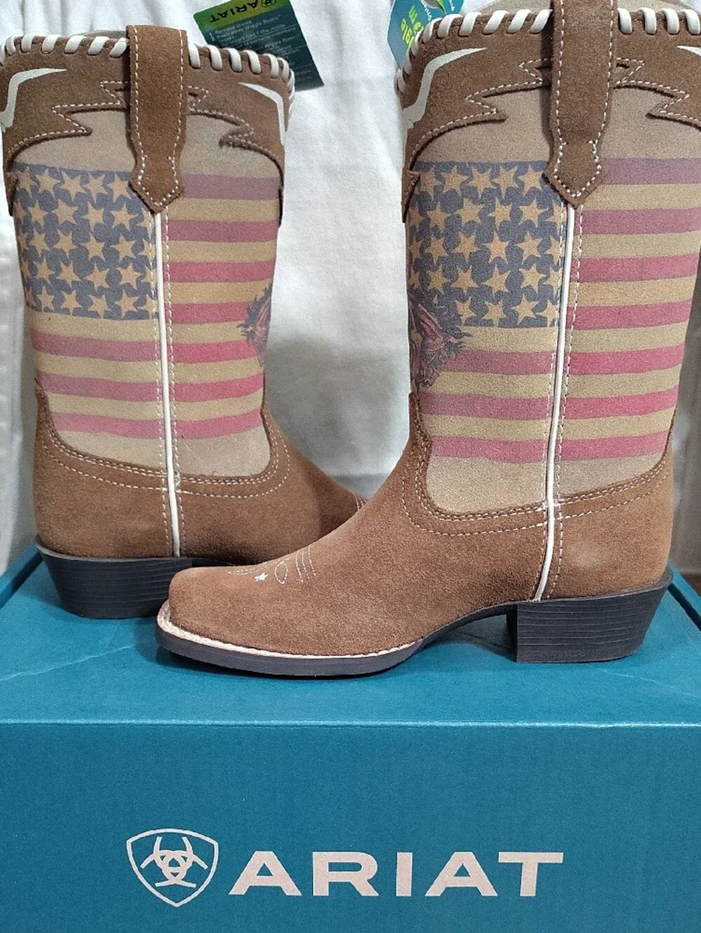 Ariat Brown Suede Western Boots with Patriotic Printed Shaft